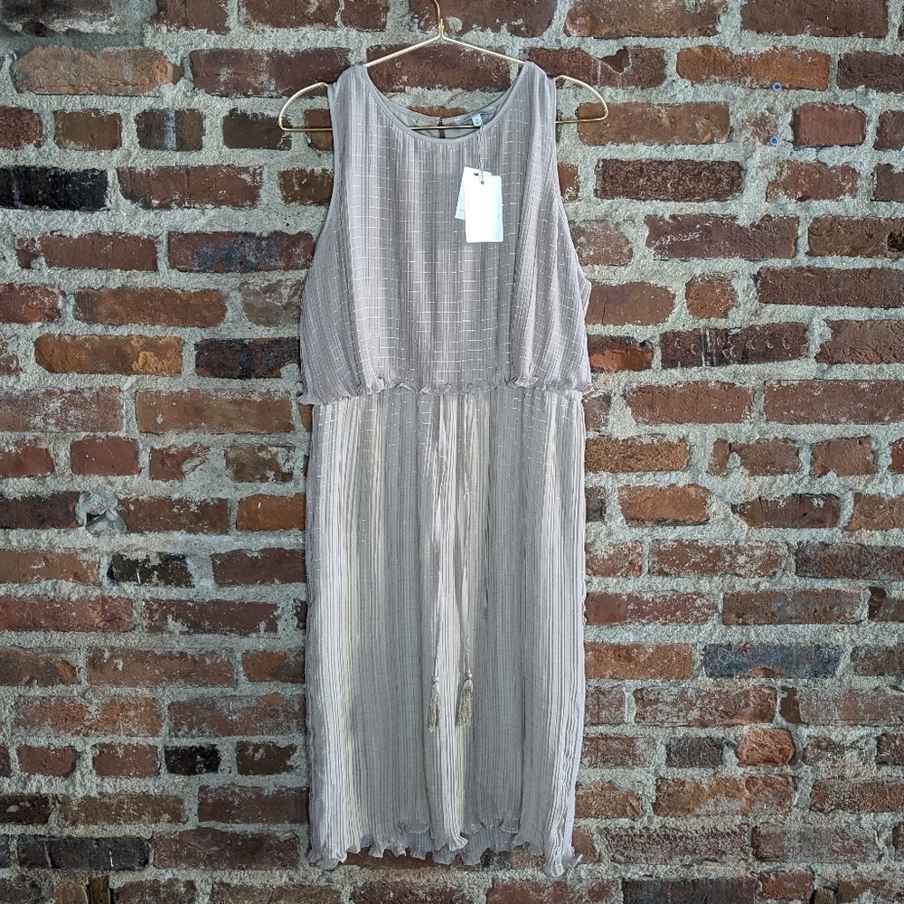 NWT Skies are Blue Medium Tan w/ Silver Thread Cinch Waist Midi‎ Tank Top Dress